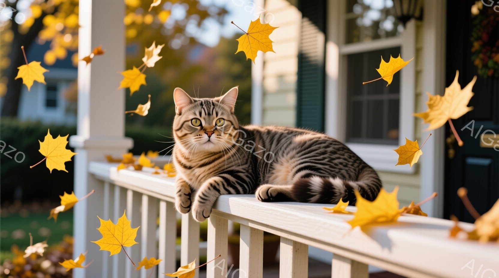縞模様の猫が白い手すりにもたれて、リラックスした様子でこちらを見ている。背景には薄茶色の家と、舞い落ちる黄色の紅葉があり、秋の穏やかな雰囲気を感じさせる。暖かな光が猫の毛並みを照らし、季節の移り変わりを優しく表現している。