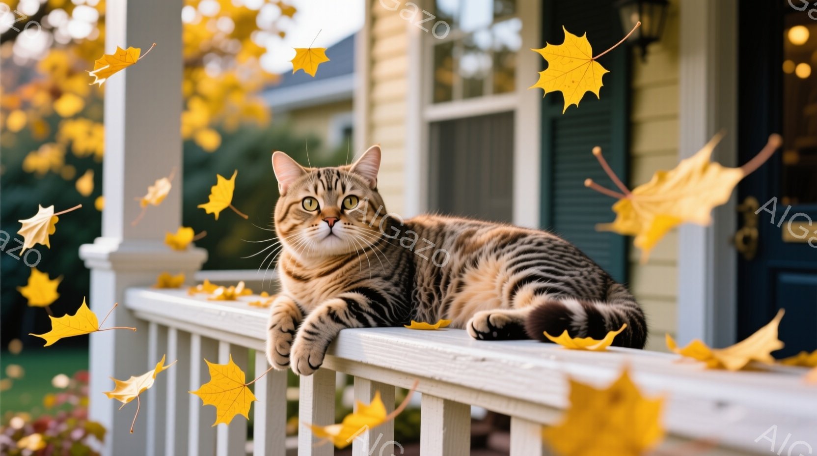 オレンジと黒の縞模様の猫が、白い手すりの上に優雅に横たわっています。背景には、秋らしい紅葉と、アメリカ風の家屋が見え、暖かく穏やかな秋の雰囲気が漂っています。猫はリラックスした表情で、まるで秋の景色を眺めているようです。