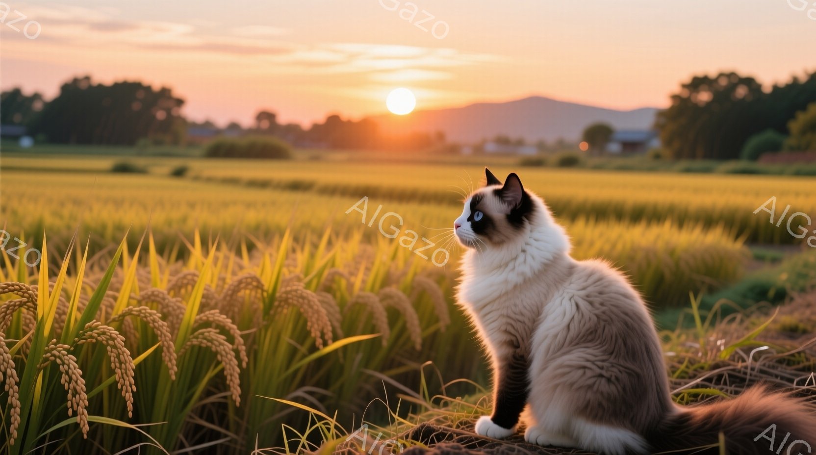 白と茶色の美しい猫が、黄金色の稲穂が広がる田んぼの中で座っています。猫は右を向き、澄んだ青い瞳で遠くを見つめており、静かで穏やかな表情をしています。背景には、夕焼けに照らされた山々が広がり、全体的に温かく、平和な雰囲気が漂っています。