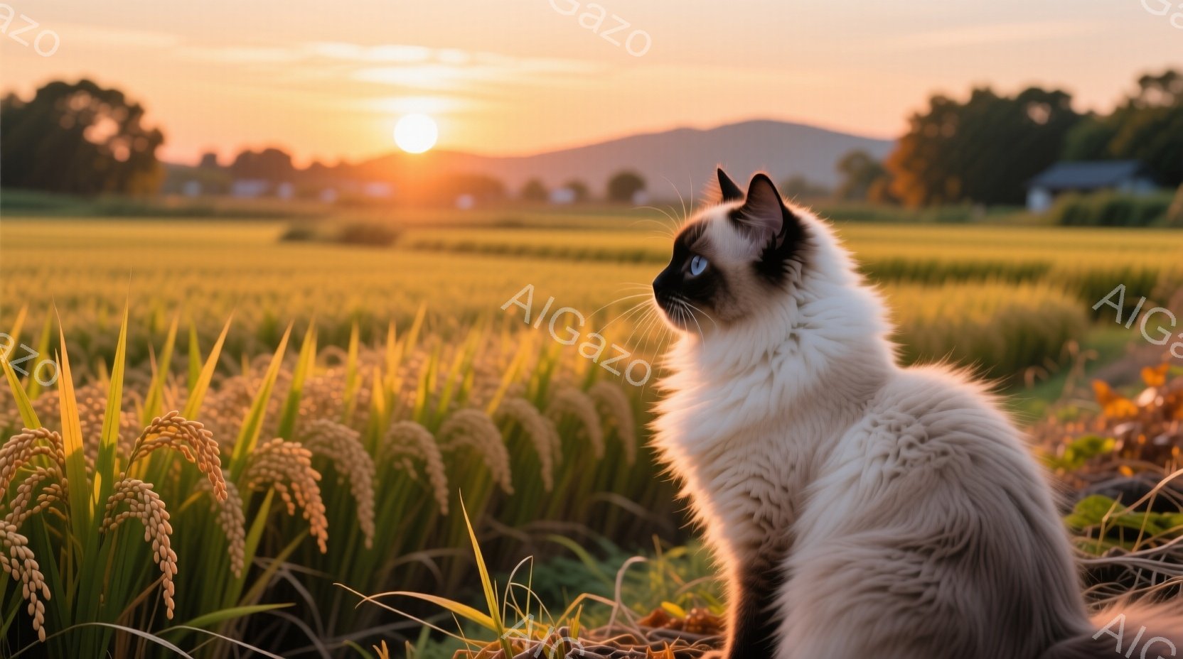 風景の中に美しいシャム猫が座っており、黄金色の稲穂に囲まれています。猫は右を向き、何かを見つめているようで、その表情は穏やかで静かです。背景には、夕焼けに照らされた田園風景が広がり、穏やかで平和な雰囲気を醸し出しています。