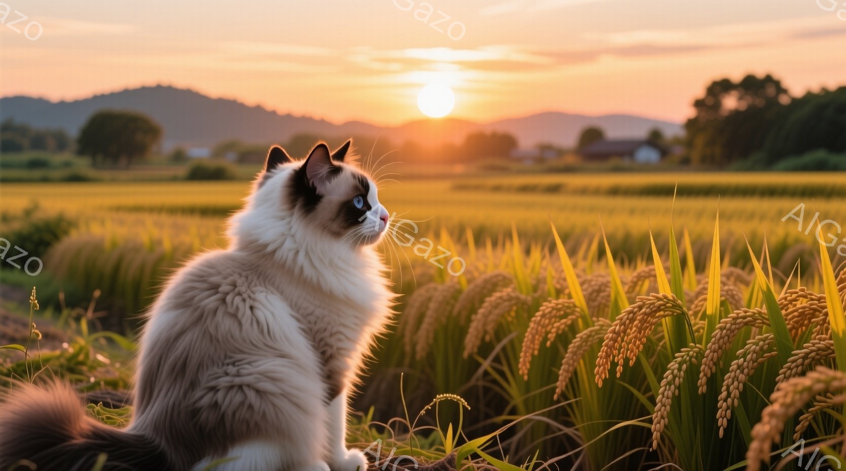 白と茶色の美しい猫が黄金色の稲穂畑の中に座り、遠くを見つめています。夕焼けの光が稲穂を照らし、暖かく幻想的な雰囲気を醸し出しています。遠くには山々が見え、穏やかで平和な田園風景が広がっています。 - AI生成フリー素材