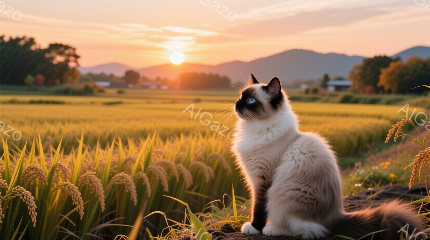 白と茶色の美しい猫が、黄金色の稲穂が広がる田んぼの中に座っています。夕焼け空の下、猫は遠くを見つめ、静かで穏やかな雰囲気を醸し出しています。背景には山々が霞んで見え、秋の夕暮れ時の優しい光が猫の毛並み - AI生成フリー素材