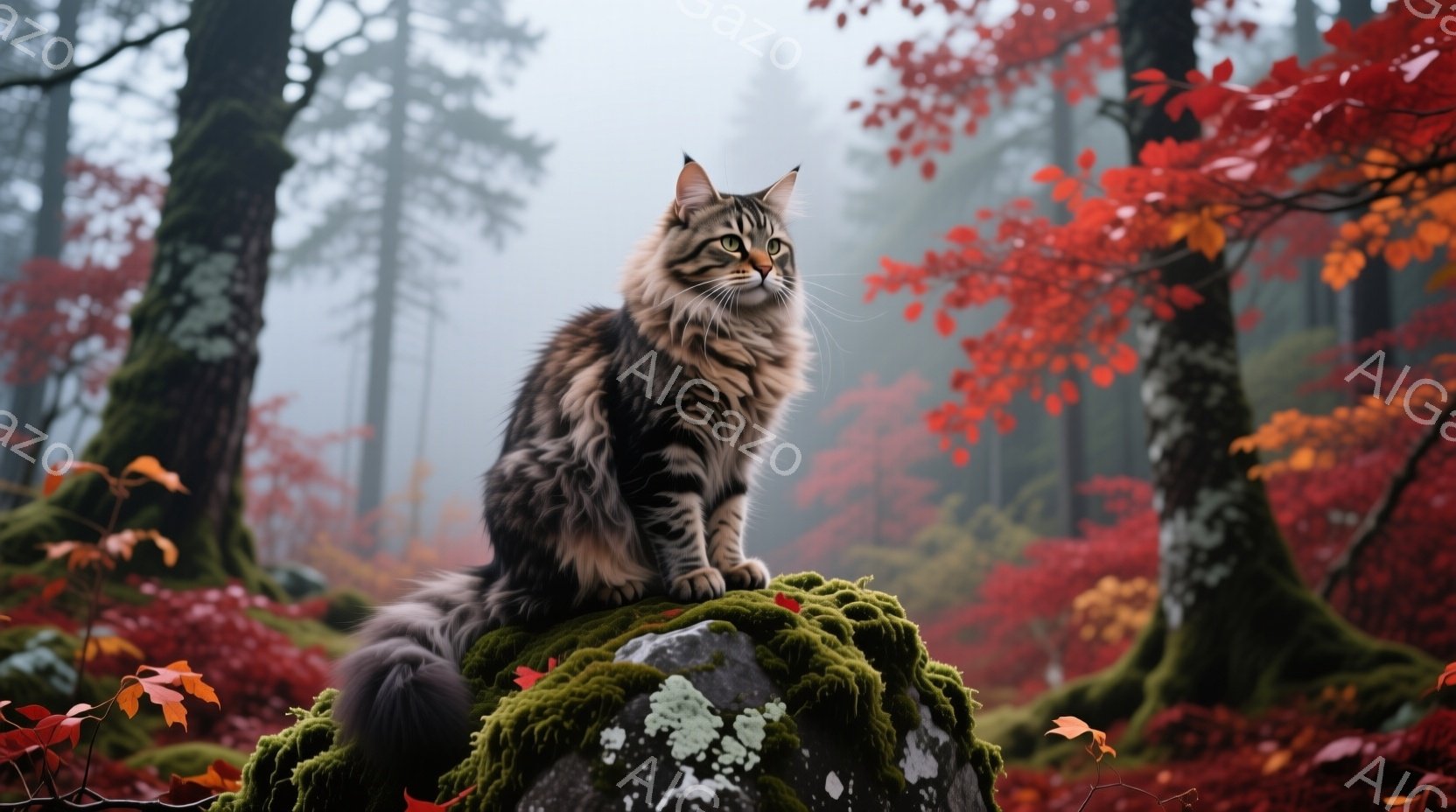 鮮やかな紅葉に囲まれた森の中で、毛並みの美しい縞模様の猫が苔むした岩の上に座っている。その猫は前方をまっすぐ見つめ、凛々しく、威厳のある表情をしている。背景にはぼやけた赤い木々と暗い緑の木々が広がり、幻想的で静謐な雰囲気を醸し出している。