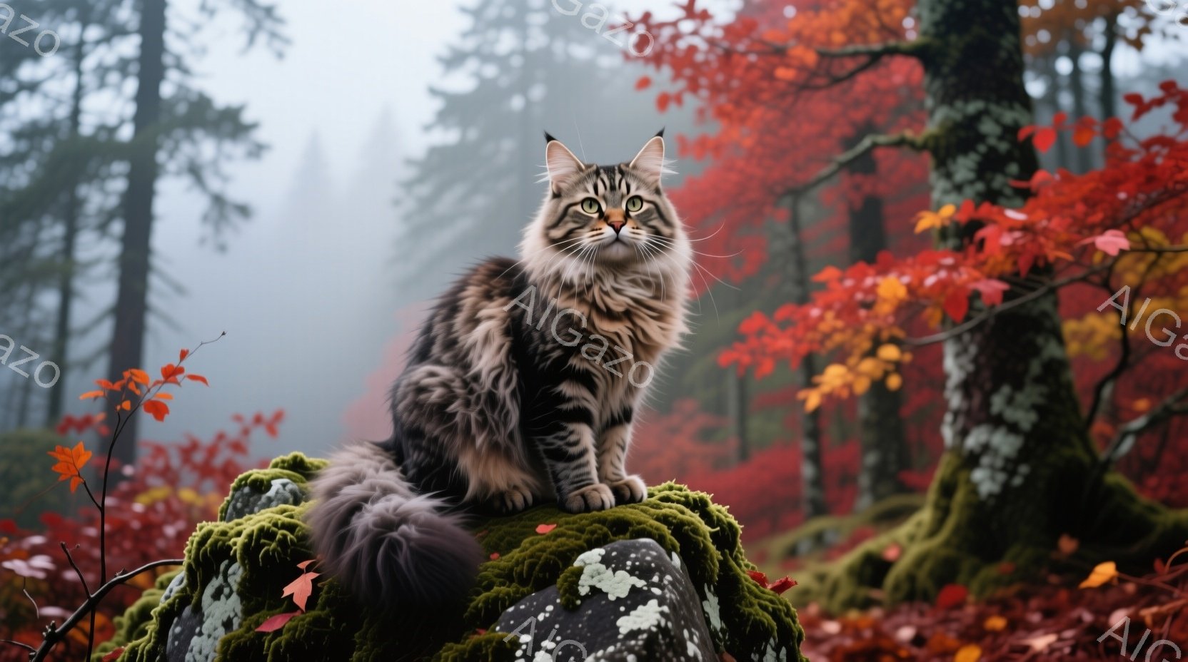 鬱蒼とした赤い紅葉の森の中に、大きな毛並みの猫が苔むした岩の上に座っている。猫は正面を見ており、鋭い眼差しと堂々とした姿勢で、まるで森の王のようだ。背景は霧に包まれ、秋の深まりを感じさせる静寂な雰囲気 - AI生成フリー素材