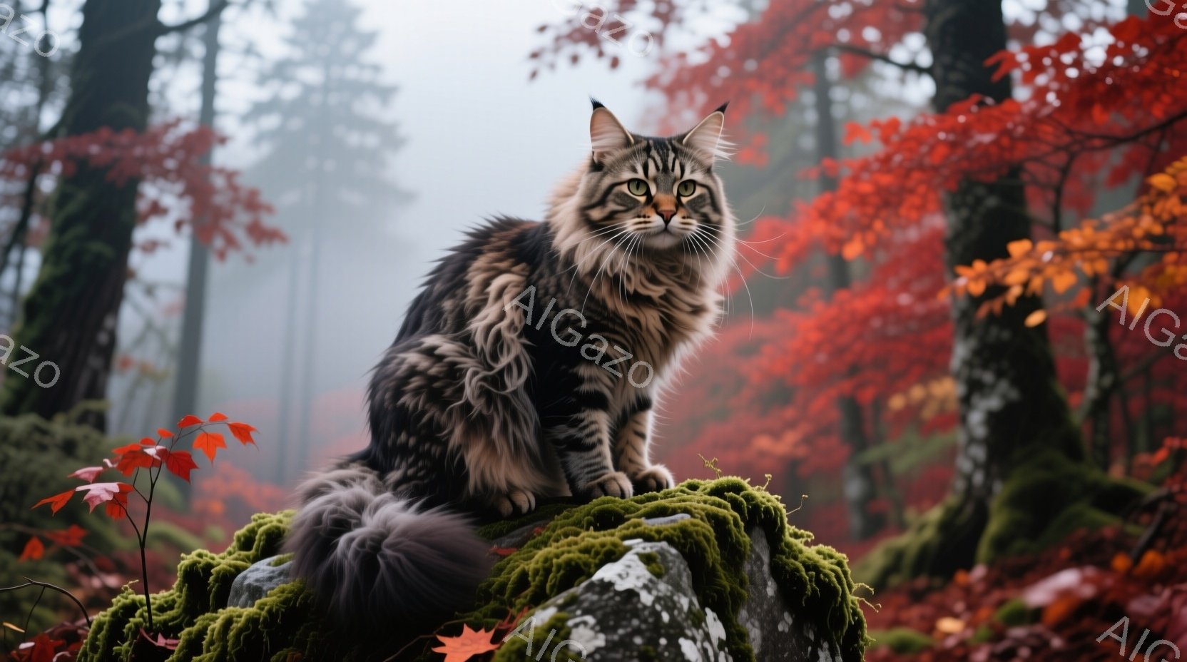 長毛の猫が、苔むした岩の上に座ってこちらを見つめている。背景には、秋の紅葉が広がり、全体的に暖かく幻想的な雰囲気を醸し出している。猫の毛並みは美しく、周囲の自然と調和して、まるで森の王者のような風格を感じさせる。