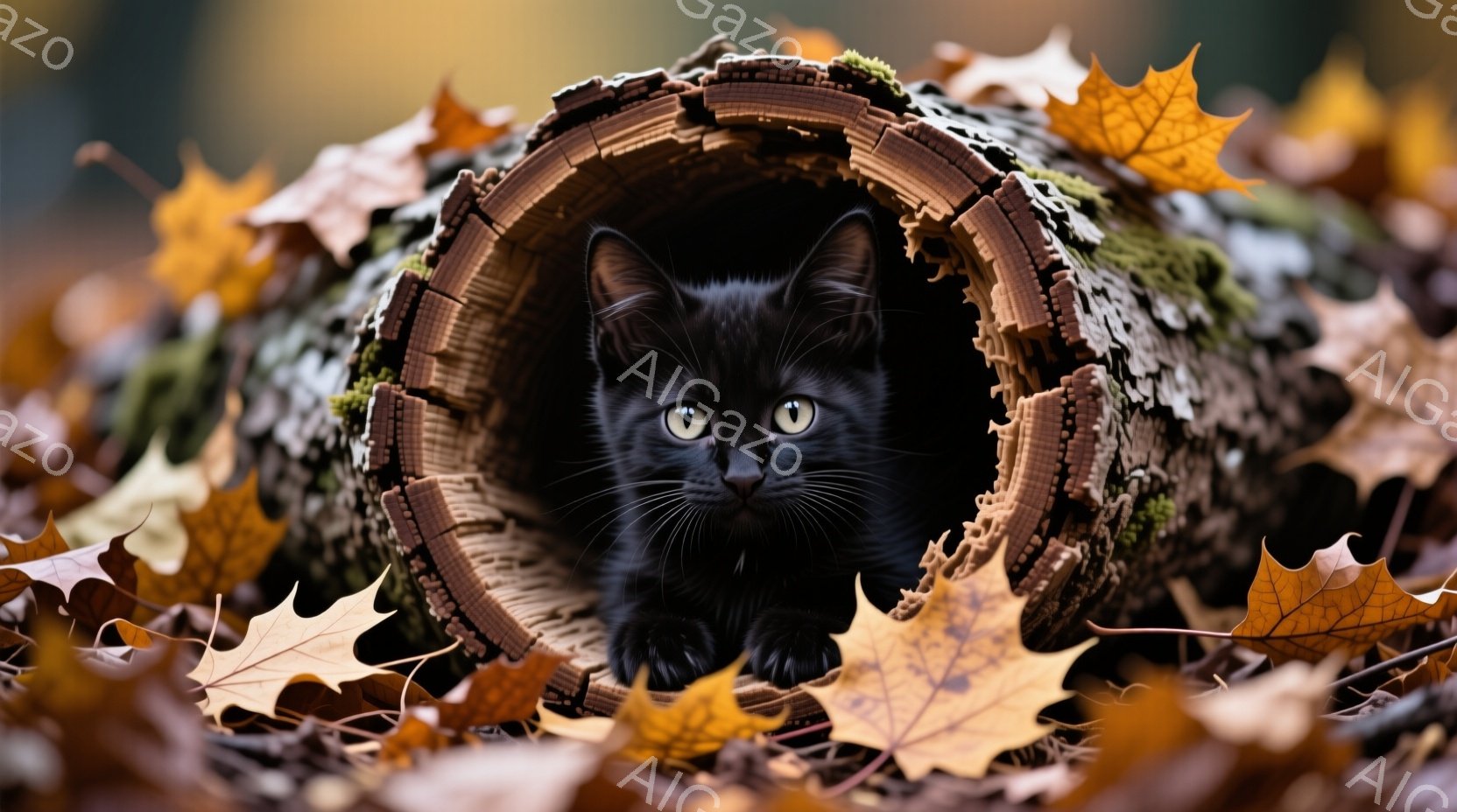 黒い子猫が切り株の中からこちらを見つめている。周囲は鮮やかなオレンジと黄色の紅葉で覆われ、秋の穏やかな雰囲気を醸し出している。子猫の緑色の瞳が、紅葉の色彩の中で際立っている。 - AI生成フリー素材