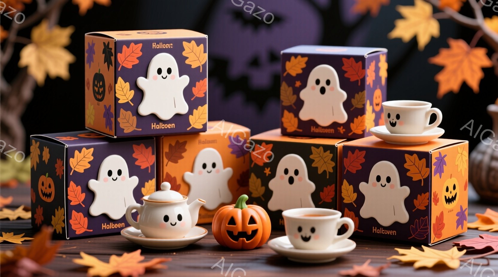 ハローウィーンをテーマにした可愛らしいボックスとティーカップのセットが写っています。オレンジ色のボックスには、ハロウィーンらしいカボチャや幽霊の絵柄が描かれ、ティーカップにも顔が描かれたものが含まれて - AI生成フリー素材