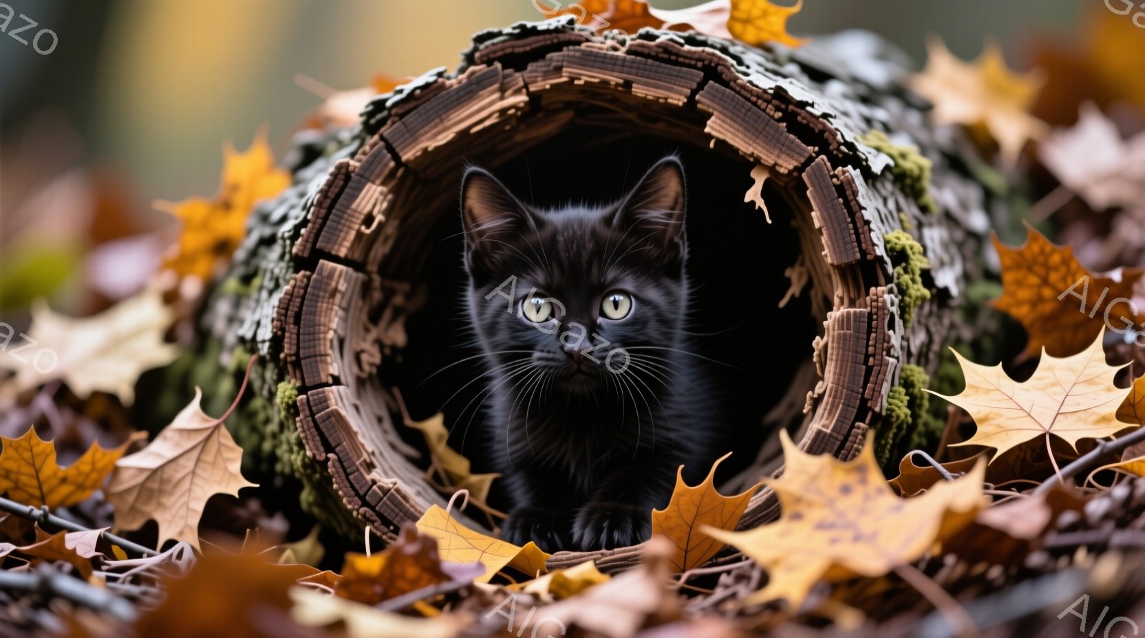 黒い子猫が、木の切り株のような筒の中に身を隠し、こちらをじっと見つめている。周囲には散った紅葉が敷き詰められており、秋の静かで穏やかな雰囲気を醸し出している。子猫の緑色の瞳が、その可愛らしさをさらに引き立てている。