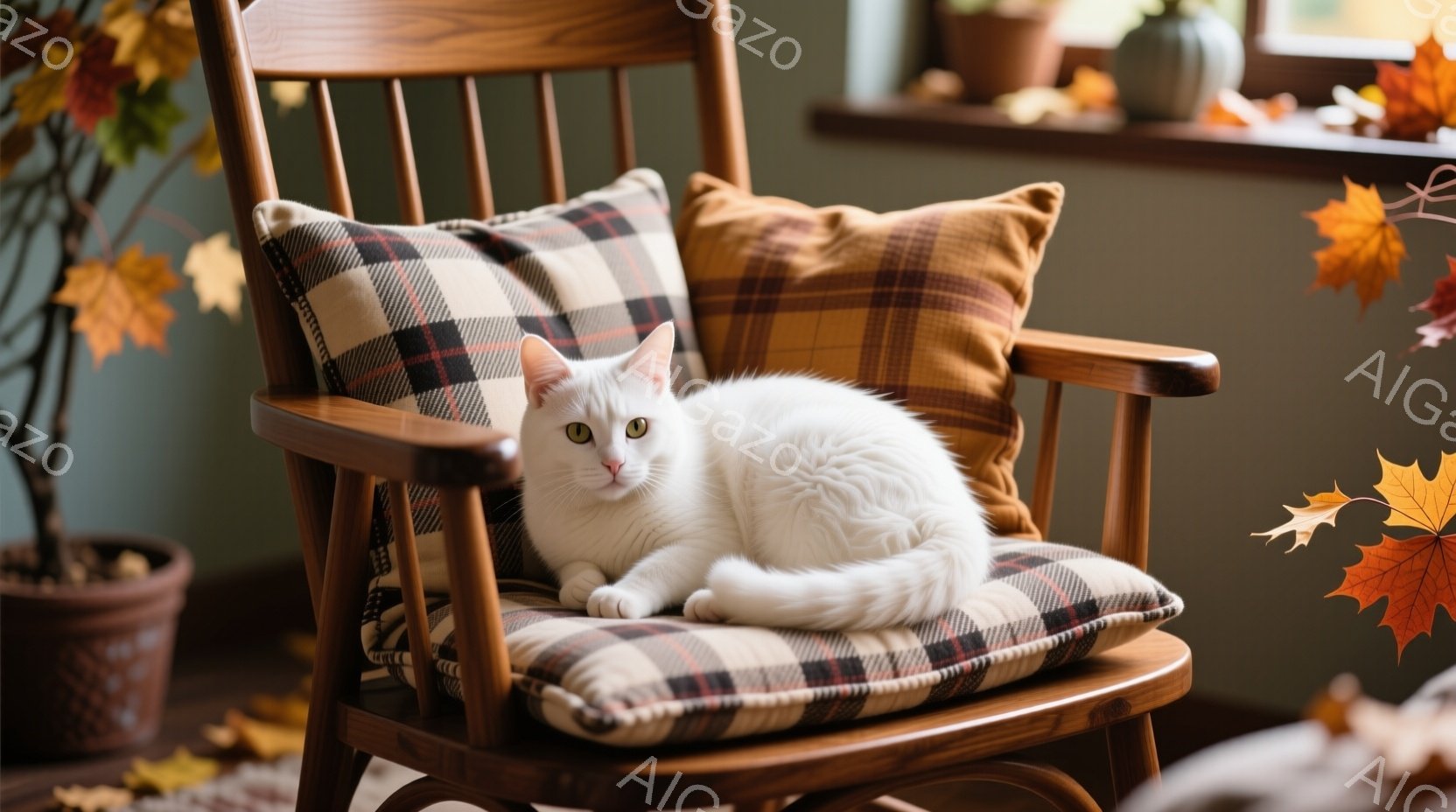 白い猫が、チェック柄のクッションが置かれたロッキングチェアにゆったりと横たわっている。背景には植物の入った鉢や窓が見え、落ち着いた暖色系のインテリアが秋の雰囲気を醸し出している。猫は穏やかな表情でリラックスしており、全体的に穏やかで心地よい情景が広がっている。