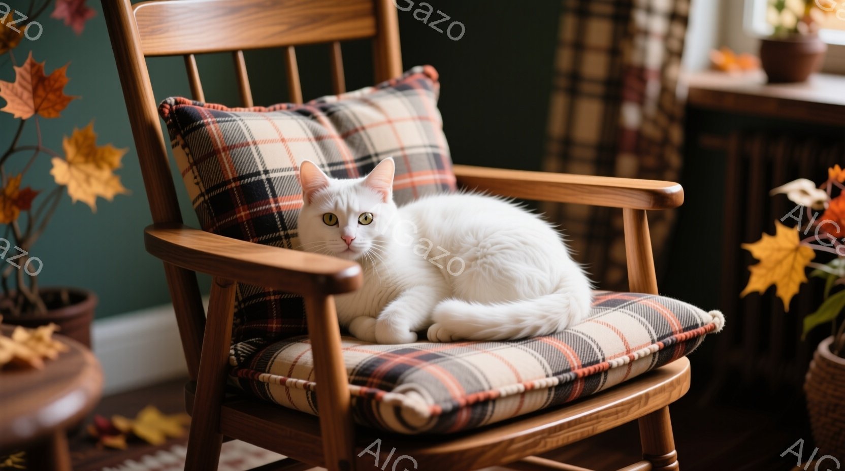 白い猫が、チェック柄のクッションが置かれた木製の椅子にゆったりと座っています。猫はリラックスした様子で、少し眠たげな表情で正面を見ています。背景には、秋らしいオレンジ色の葉が飾られた植物があり、暖かく落ち着いた雰囲気です。