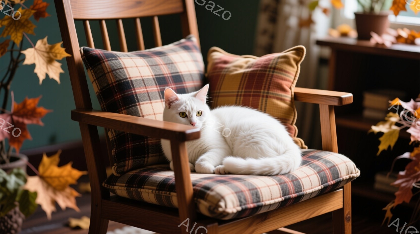 「秋の装飾が美しい家の中で、白い長毛の猫がリラックスして座っている。猫は熟練した落葉襖の上に座り、周囲の雰囲気に安らぎを感じさせる。」