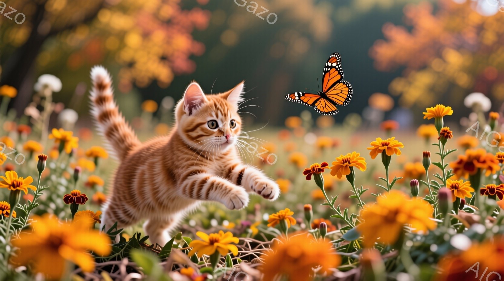 オレンジ色の縞模様の小さな子猫が、鮮やかなオレンジ色の花畑の中を駆け抜けている。子猫は前足を伸ばし、嬉しそうに花を見つめているようで、尾は大きく上がっている。背景にはぼやけた緑とオレンジ色の花が広がり - AI生成フリー素材