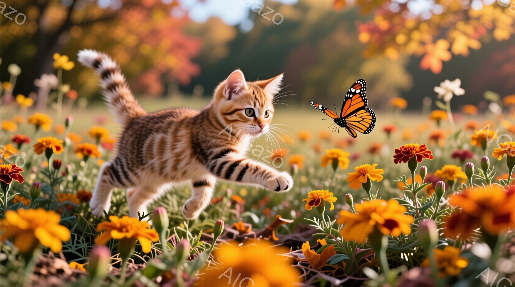 小柄なオレンジ色のトラ猫が、鮮やかなオレンジ色の花畑の中を勢いよく飛び跳ねています。蝶が猫の鼻先で舞い上がり、猫は興味津々でその蝶を追いかけようとしています。背景には緑豊かな植物と、ぼやけた暖かい色の秋の風景が広がっており、穏やかで遊び心のある雰囲気を醸し出しています。