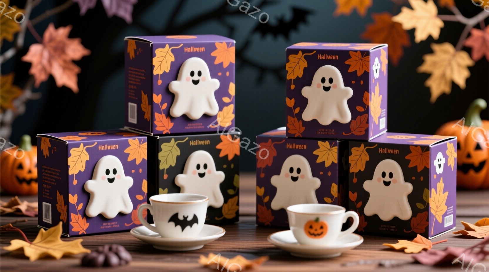 ハロウィーンをテーマにした白いゴースト型のマグカップが4つ、オレンジ色の箱に入って配置されている。箱には「Halloween」と書かれており、背景には枯れ葉と暗い空が描かれ、ハロウィーンの雰囲気が出ている。全体的に秋らしい色彩と可愛らしいゴーストのデザインで、温かみのある雰囲気である。