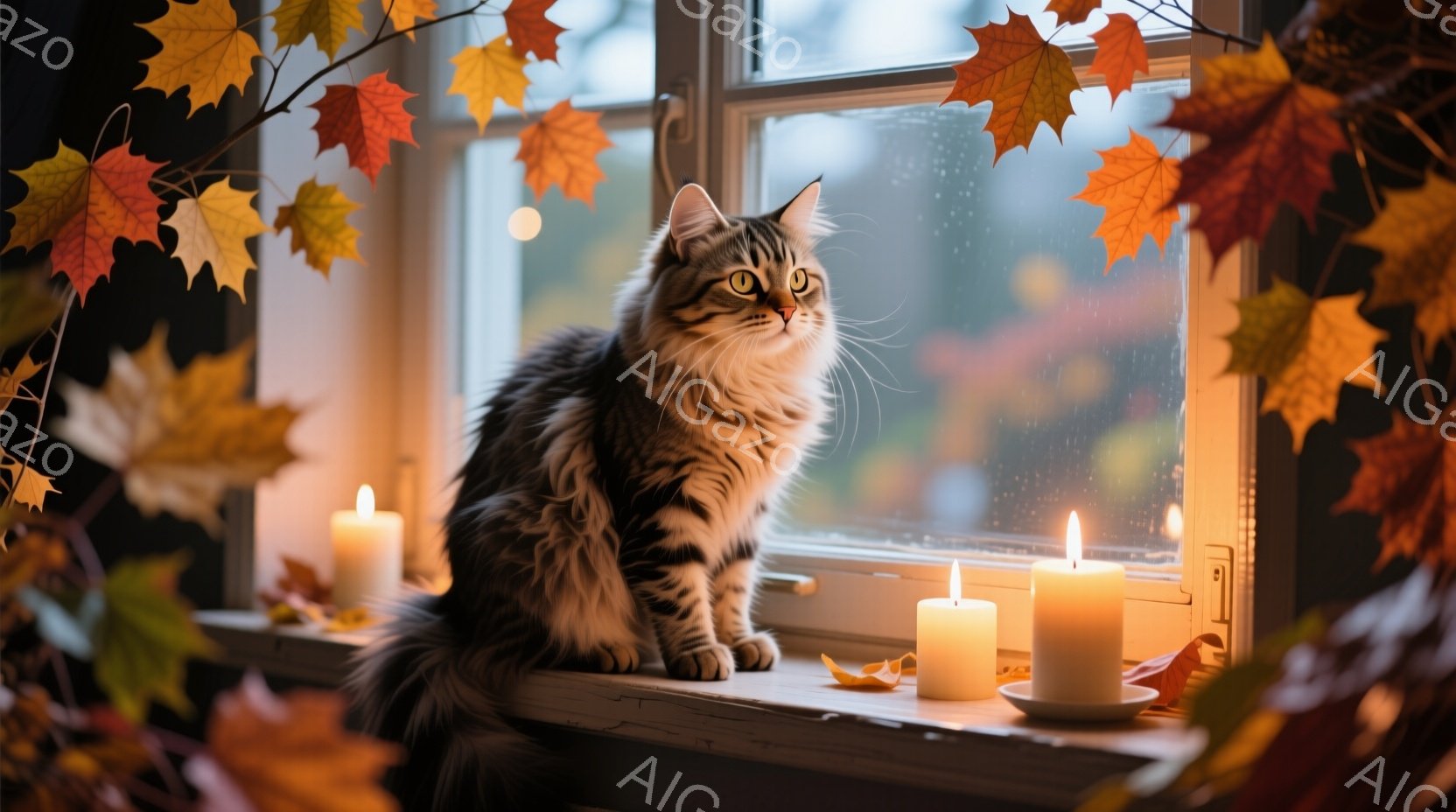 縞模様の猫が窓枠に座り、外を眺めている。窓枠には数本の光るキャンドルと、散らばった黄色い葉が置かれ、秋の静かで穏やかな雰囲気を醸し出している。背景には雨が降る景色が見え、全体的に暖かく、落ち着いた印象を与える。