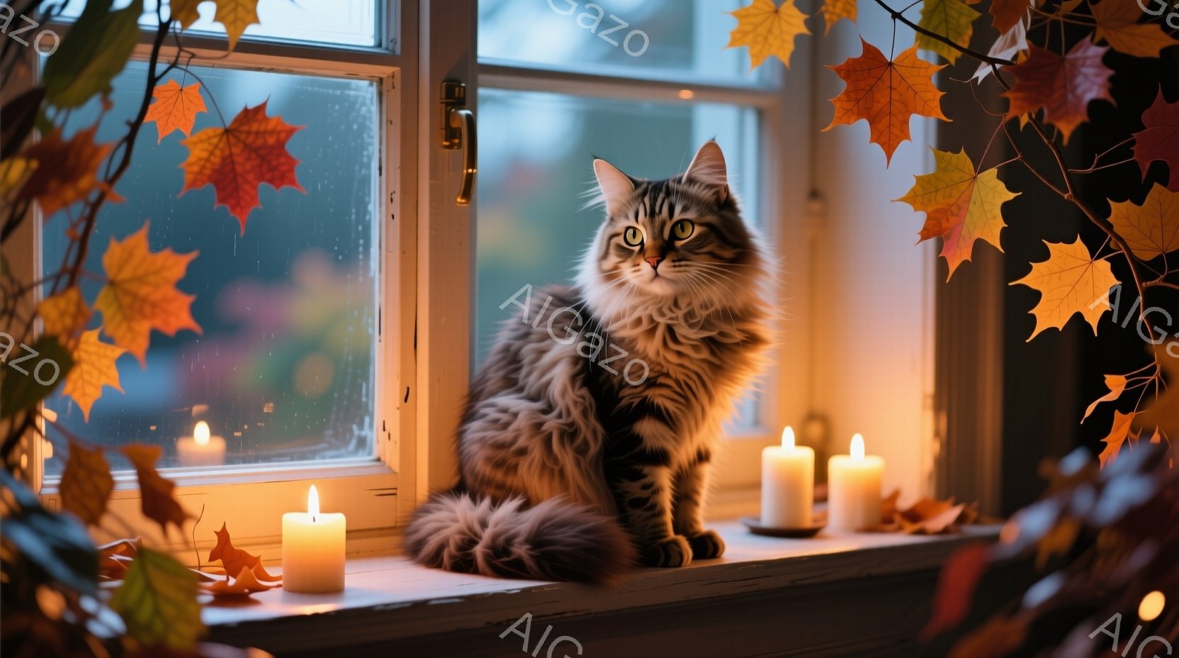 長毛のグレーの猫が窓辺に座り、正面を見つめている。窓の外は雨が降っており、窓枠には燃えるキャンドルと紅葉の葉が飾られている。全体的に暖かく、穏やかな秋の雰囲気を感じさせる。