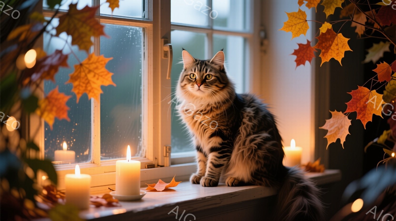 長い毛並みの茶トラ猫が窓辺に座り、少しこちらを見ている。窓の外は雨が降っており、室内には数本のロウソクが灯され、オレンジ色の紅葉の葉が散りばめられた温かく穏やかな雰囲気である。ロウソクの光と猫の毛並み - AI生成フリー素材