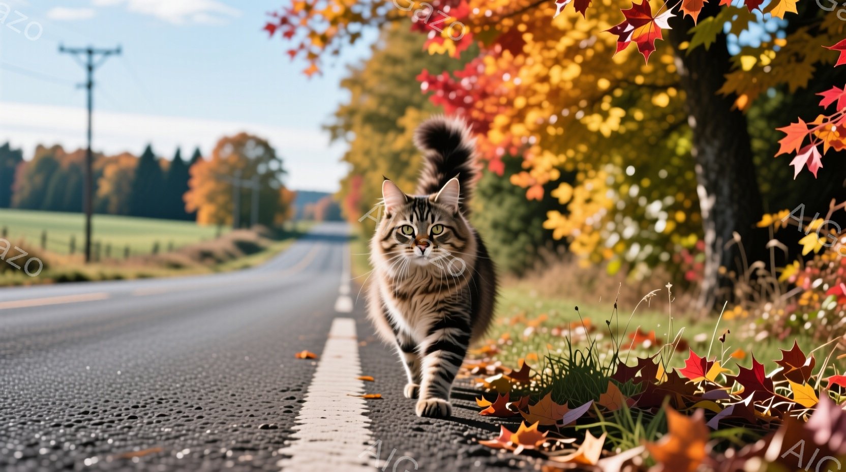 道路の中央線を歩く縞模様の猫が写っています。背景には、鮮やかな紅葉の木々と緑の草原が広がり、秋の穏やかな雰囲気を醸し出しています。猫は前方をまっすぐ見据え、堂々とした姿勢で、秋の風景の中を歩んでいます。