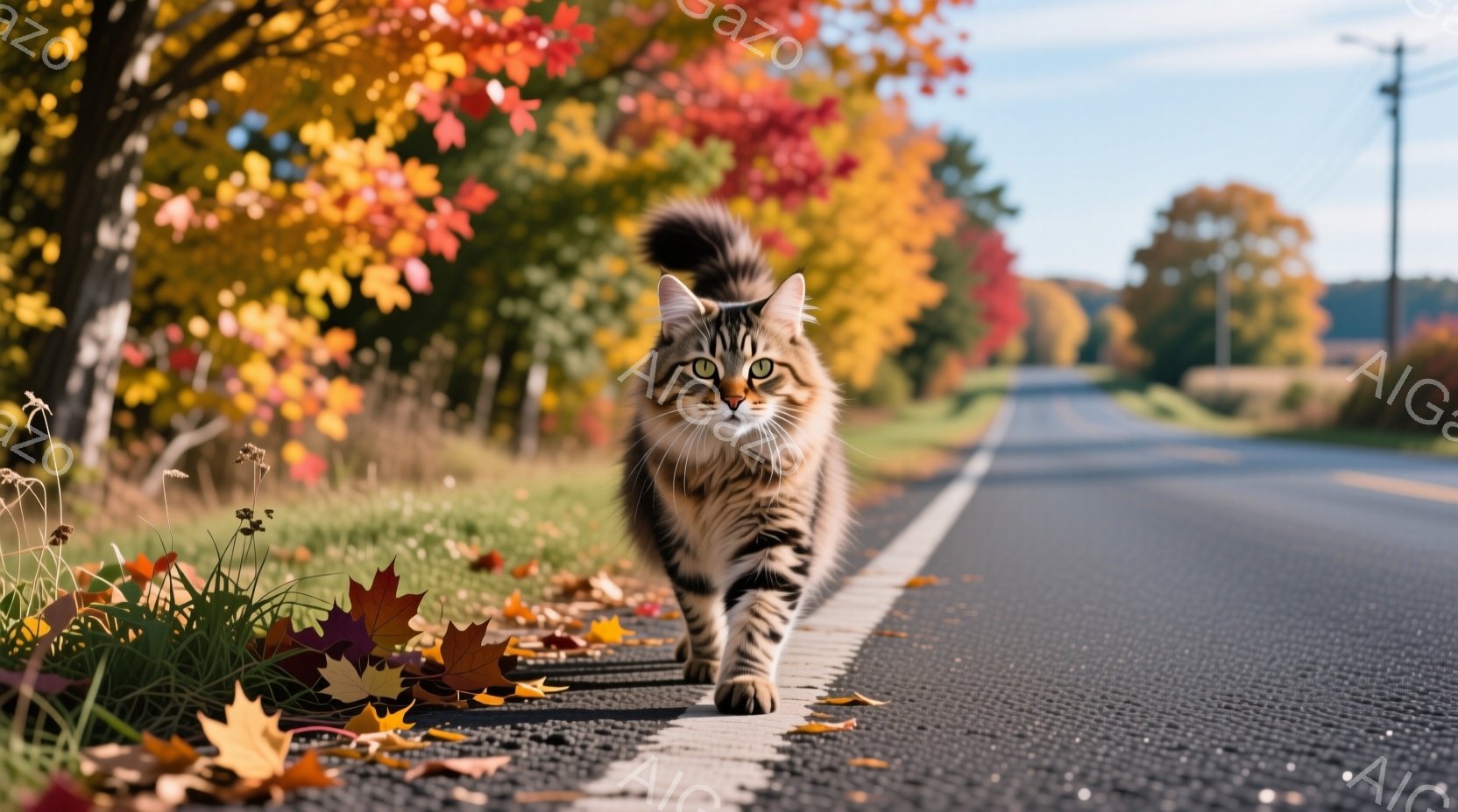 道路の中央線を歩く、縞模様の茶色の猫が写っている。背景には紅葉した木々が立ち並び、秋の風景が広がっている。猫は前方をまっすぐ見つめ、堂々とした姿勢で歩いている。