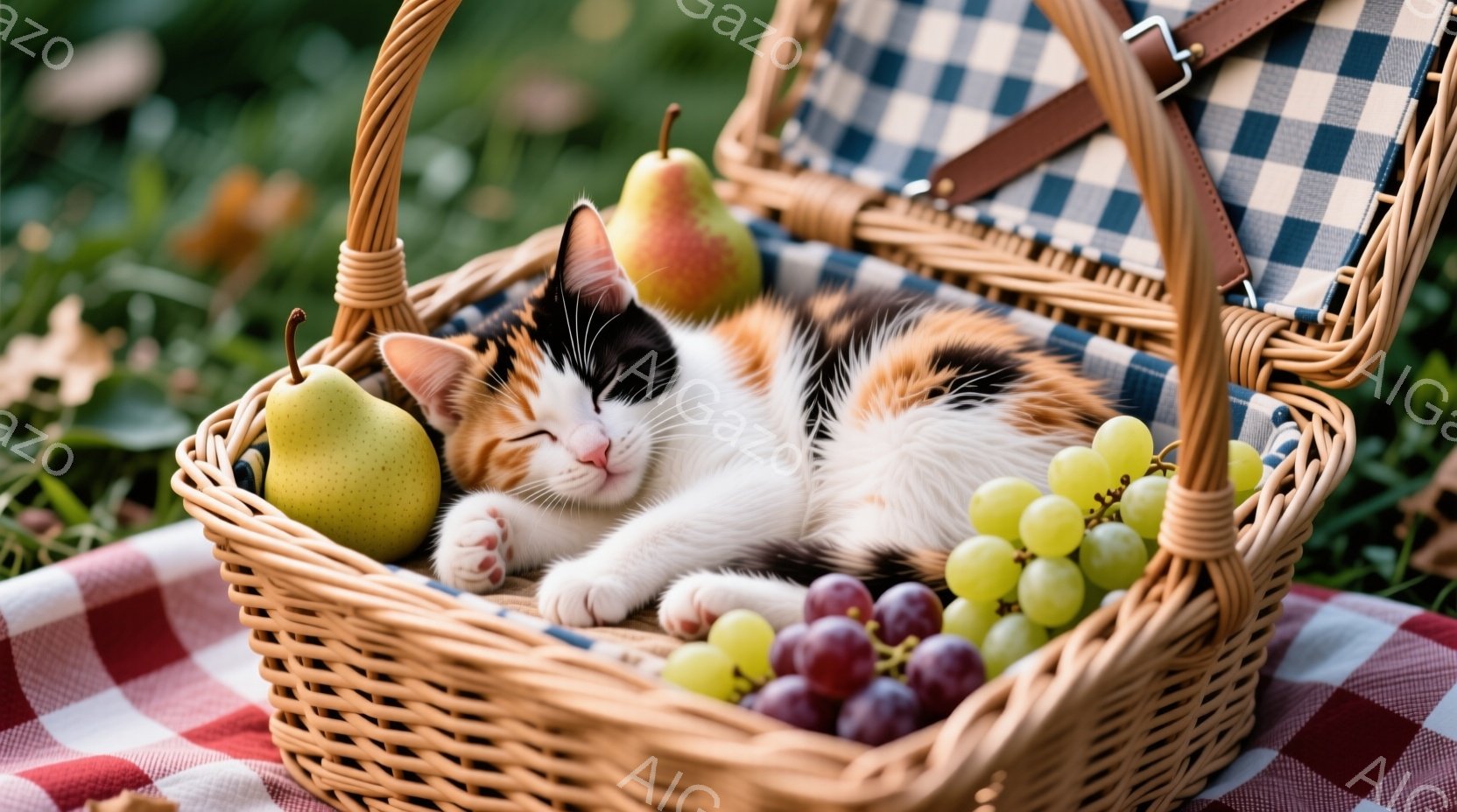 籐編みのバスケットの中に、三毛猫が丸まって眠っています。バスケットには、緑色のぶどうと黄色い梨がいくつか一緒に入っており、赤と白のチェックの布の上に置かれています。背景は緑豊かな草地で、全体的に穏やか - AI生成フリー素材