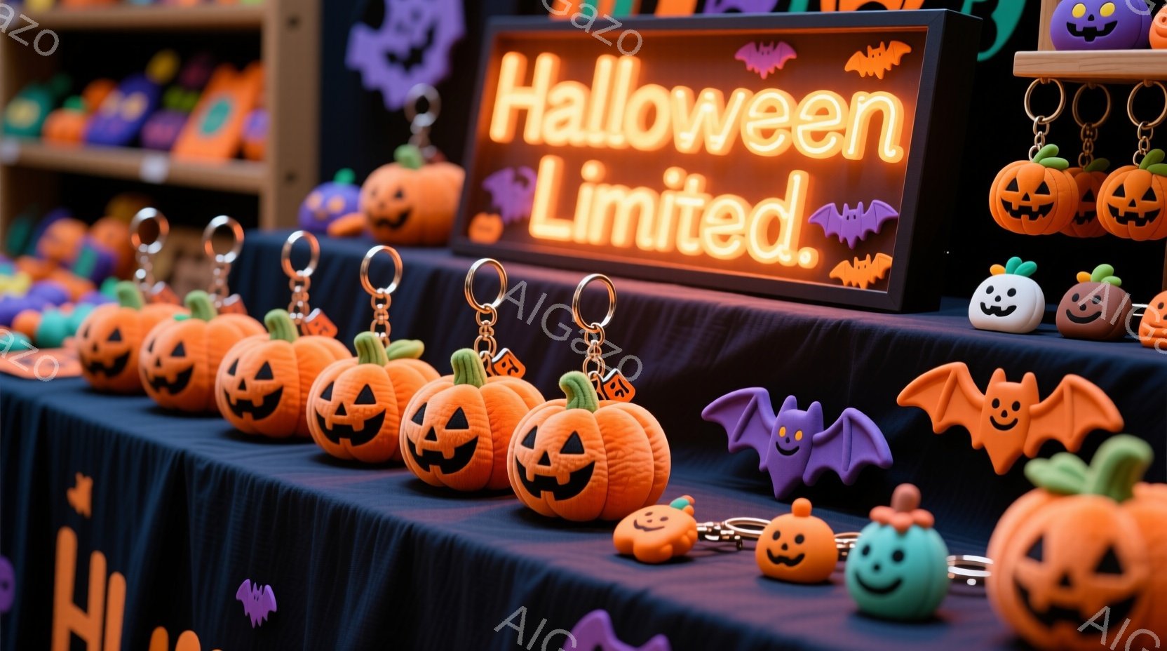 ハロウィーン限定のキーホルダーやアクセサリーが黒い布の上に整然と並べられています。オレンジ色のカボチャ、紫色の幽霊、緑色のモンスターなど、様々なデザインがあり、背景には「Halloween Limited」と書かれたネオンサインが光っています。全体的に、ハロウィーンの楽しい雰囲気と商品が引き立つ、鮮やかで魅力的なディスプレイです。