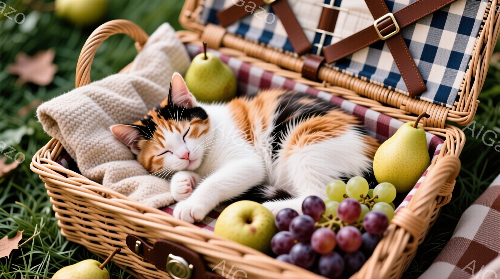 籠の中に三毛猫が丸まって眠っています。籠の中には、りんご、梨、ぶどうが置かれ、チェック柄の布が敷かれています。背景は緑豊かな草地で、秋のピクニックのような穏やかで心地よい雰囲気です。