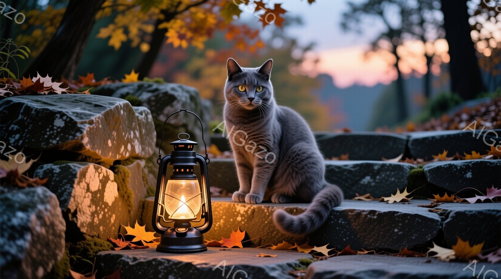薄灰色の猫が、石段に座ってこちらを見つめています。背景には、紅葉した木々と、夕焼け空が広がっており、古風なランタンが猫の足元で暖かく光を放っています。全体的に、穏やかで秋らしい、ノスタルジックな雰囲気 - AI生成フリー素材