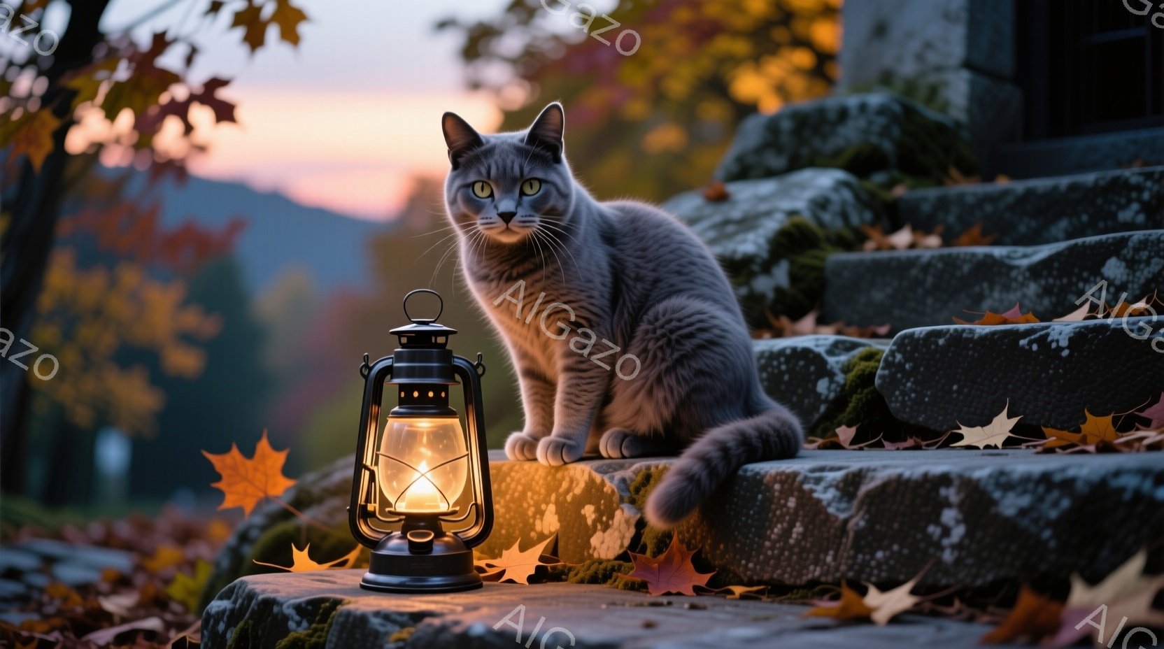 灰色の猫が石段に座って正面を見つめている。周囲には紅葉の葉が散らばり、左下には点灯したランタンが置かれている。背景には木々が見え、夕焼けのようなオレンジ色の光が全体を暖かく照らしている。
