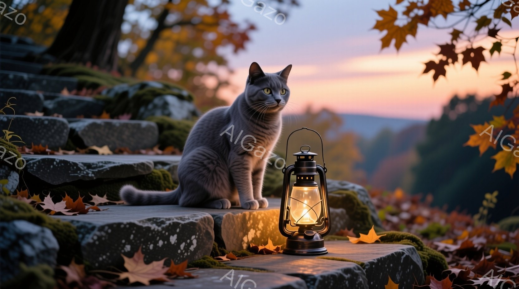 灰色の猫が石段に座り、正面を見つめている。周囲には落ち葉が散らばり、背景には夕焼けの空と緑豊かな風景が広がり、暖かく穏やかな雰囲気を醸し出している。古風なオイルランプが猫の隣に置かれ、その柔らかな光が - AI生成フリー素材