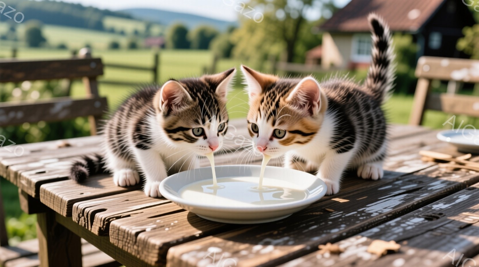 二匹の縞模様の子猫が、白い皿に入ったミルクを夢中で飲んでいる様子が写っている。木製のピクニックテーブルの上に並んで座り、ミルクを飲む姿はとても可愛らしい。背景には緑豊かな草原と、遠くに見える家屋があり - AI生成フリー素材