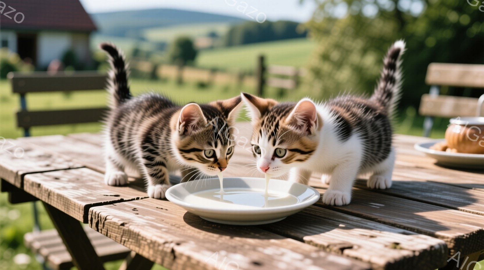 白と茶色の縞模様の小さな子猫が2匹、木製のテーブルの上の白い皿からミルクを飲んでいます。子猫たちは前足で体を支え、真剣な表情でミルクに集中しており、可愛らしい姿を見せています。背景には緑の牧草地と遠くに見える建物があり、晴れた日の穏やかな雰囲気が漂っています。