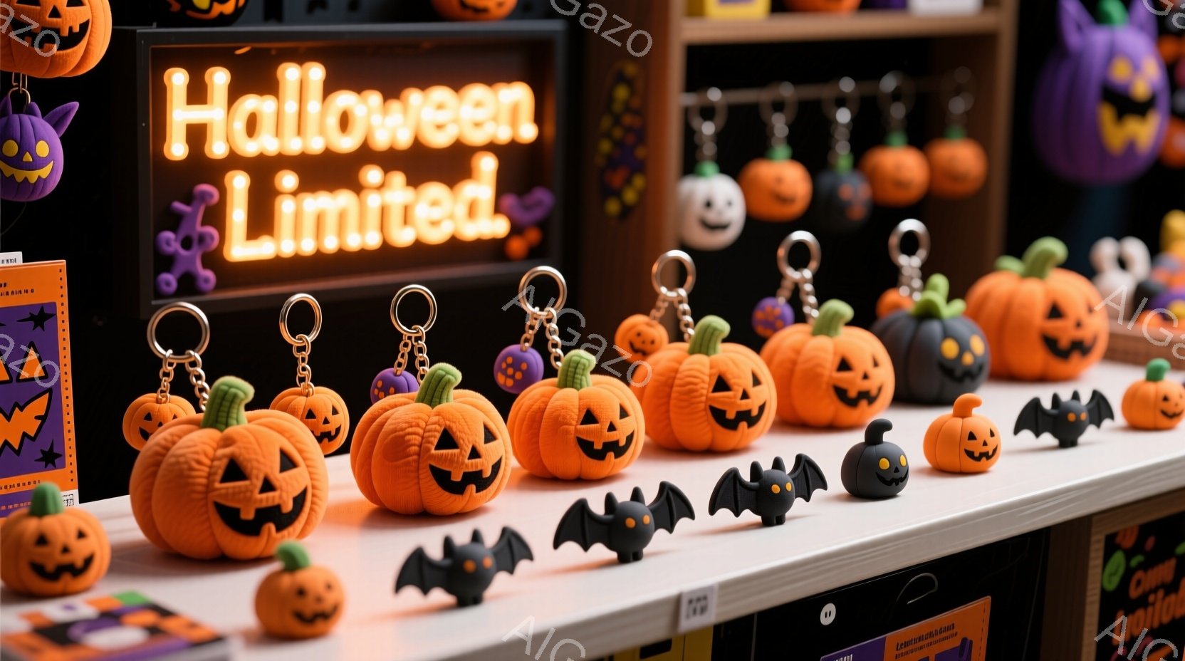 ハロウィーンをテーマにしたキーホルダーが棚に並べられています。オレンジ色のジャック・オー・ランタンと黒いコウモリのキーホルダーが交互に並べられており、背景には「ハロウィーン限定」と書かれたネオンサインが見えます。全体的に賑やかで、お祭り気分を盛り上げる雰囲気です。