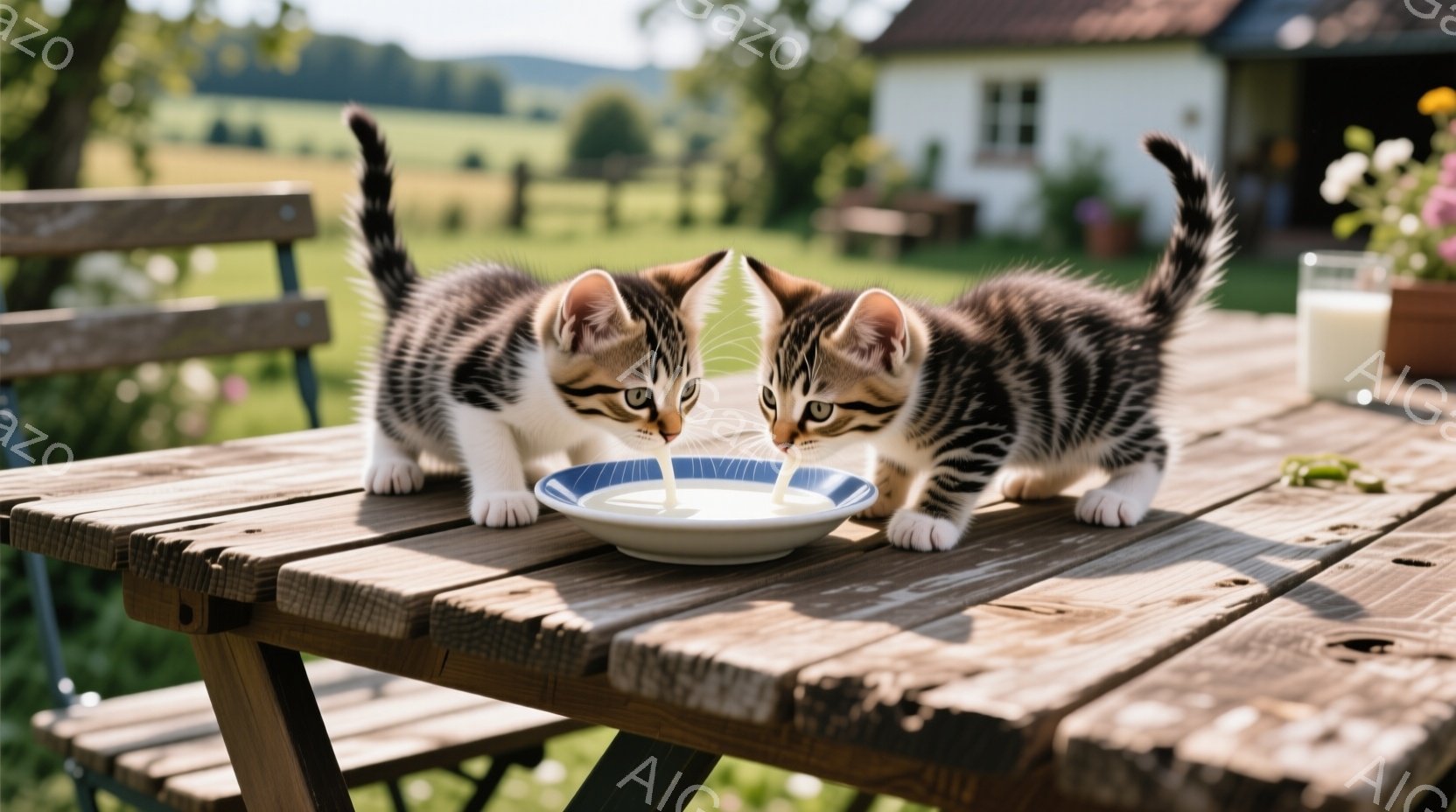 二匹の子猫が、木製のピクニックテーブルの上の白い皿からミルクを飲んでいる様子が写っている。子猫たちは縞模様で、集中してミルクを飲む姿が可愛らしい。背景には緑の草原と可愛らしい家が見え、晴れた日の穏やかな雰囲気が漂っている。