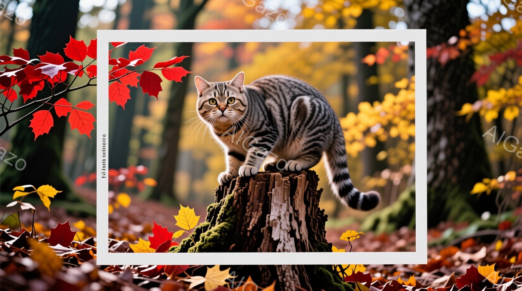 縞模様の猫が、苔むした切り株の上に堂々と座っています。背景には鮮やかな赤や黄色の紅葉が広がり、秋の風景を彩っています。猫は前方をまっすぐ見つめ、落ち着いた雰囲気の中に凛とした気高さを感じさせます。