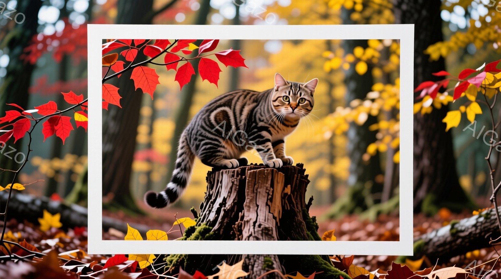 鮮やかな紅葉と緑の木々に囲まれた森の中で、縞模様の猫が切り株の上に座っています。猫は前方をまっすぐ見つめ、少し警戒した表情を浮かべており、姿勢は堂々としています。背景には、落ち葉が敷き詰められた森の床 - AI生成フリー素材