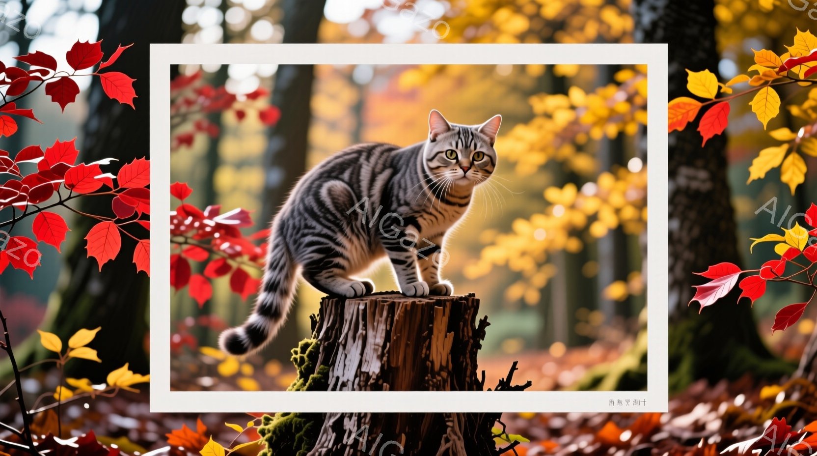 鮮やかな紅葉の森の中に、灰色と黒の縞模様の猫が切り株の上に座っている。猫はまっすぐ前を見ており、鋭い眼光と引き締まった表情をしている。背景は赤、黄色、緑の美しい紅葉で覆われ、暖かく秋らしい雰囲気を醸し - AI生成フリー素材