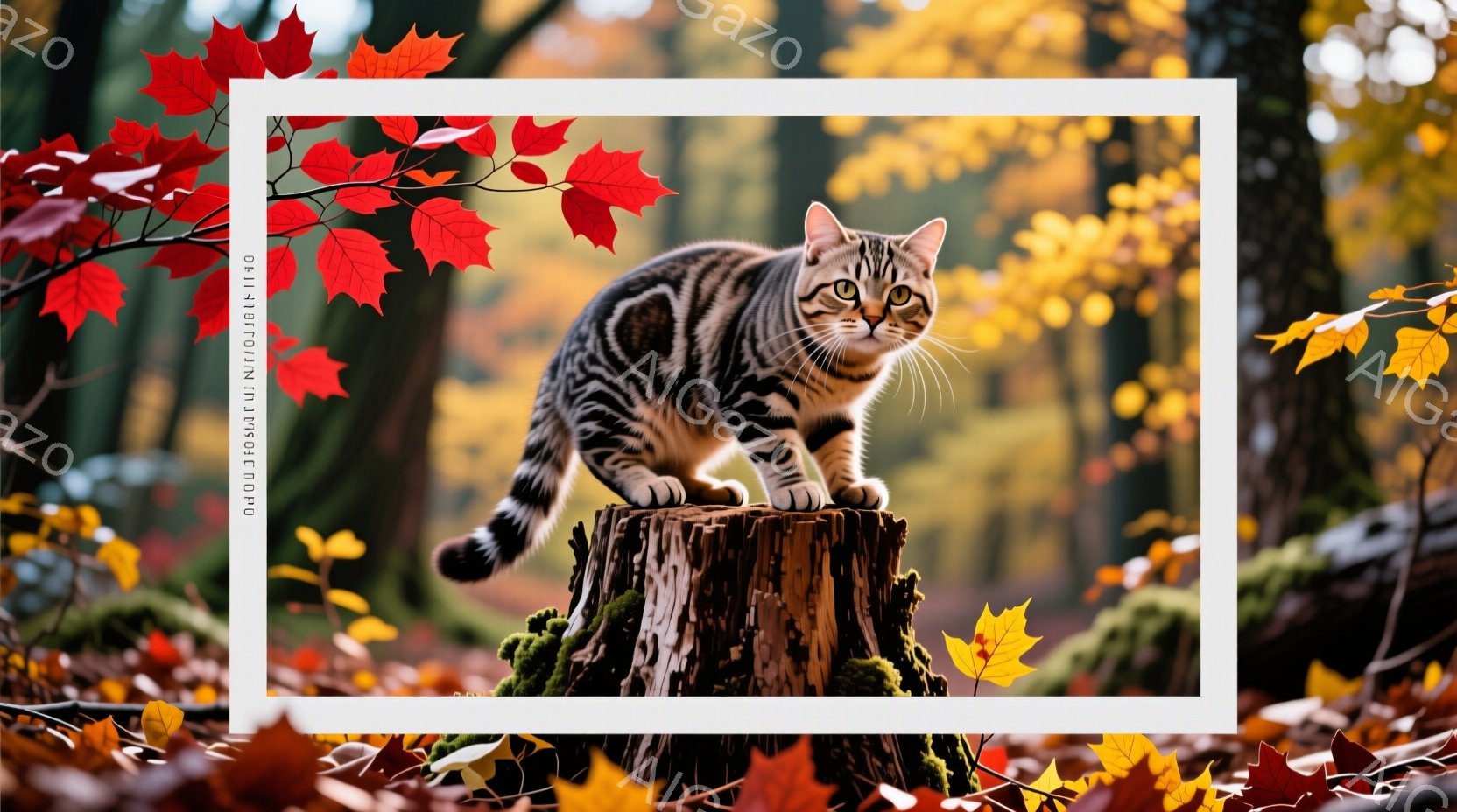 鮮やかな秋の風景の中で、縞模様の猫が切り株の上に優雅に座っています。猫は前足を揃え、遠くを見つめており、その表情はどこか物憂げです。背景には、赤や黄色の紅葉が広がり、秋の深まりを感じさせる、穏やかで美しい光景が広がっています。