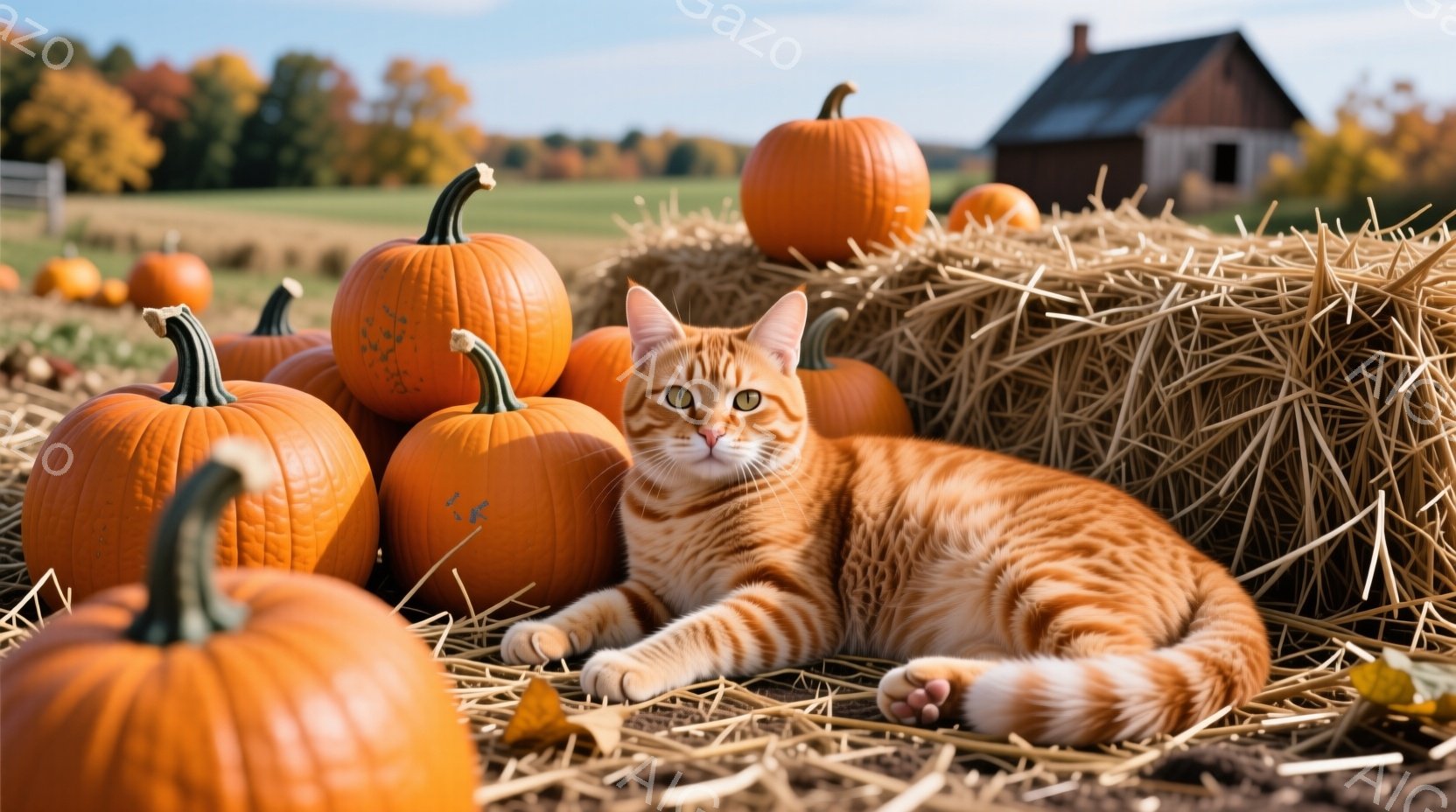 オレンジ色の縞模様の猫が、かぼちゃ畑でリラックスして横たわっています。猫は穏やかな表情でカメラを見つめ、周囲にかぼちゃと藁の俵が広がっています。背景には赤や黄色の葉が茂る木々と、古い農家の建物が見え、秋の温かく穏やかな雰囲気が漂います。