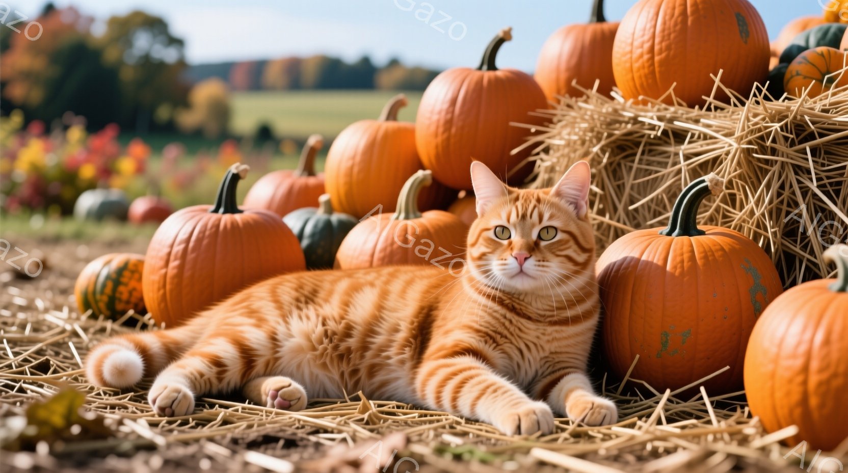 オレンジ色の縞模様の猫が、収穫されたカボチャの間に横たわっています。猫はリラックスした表情で、カメラの方を見ています。背景にはカボチャ畑が広がり、藁が敷き詰められ、秋の穏やかな雰囲気が漂っています。 - AI生成フリー素材