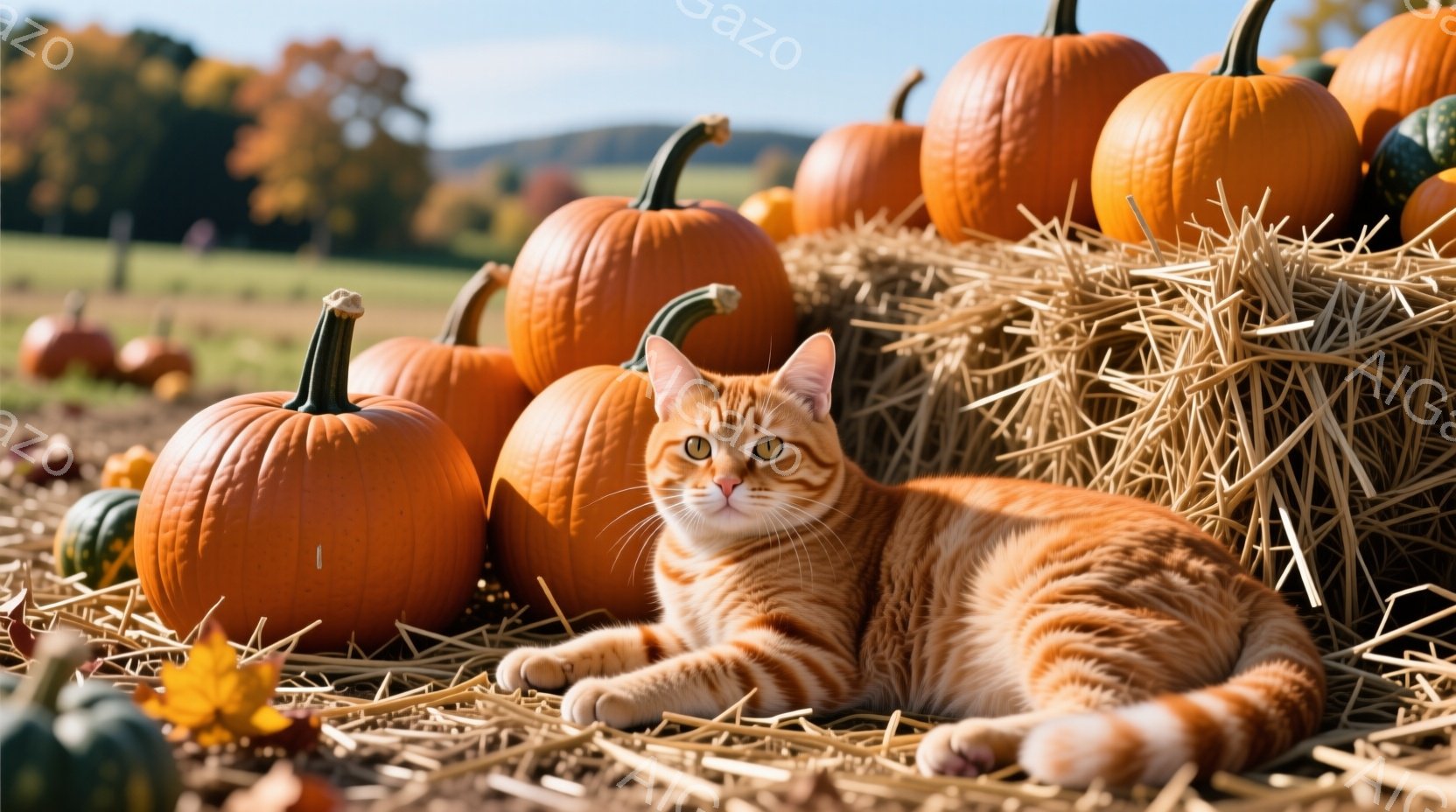 鮮やかなオレンジ色のトラ猫が、収穫されたカボチャの山の中でリラックスして横たわっています。猫は正面を見つめ、穏やかで満足そうな表情を浮かべており、周囲にはカボチャや藁、落ち葉が散らばっています。背景に - AI生成フリー素材