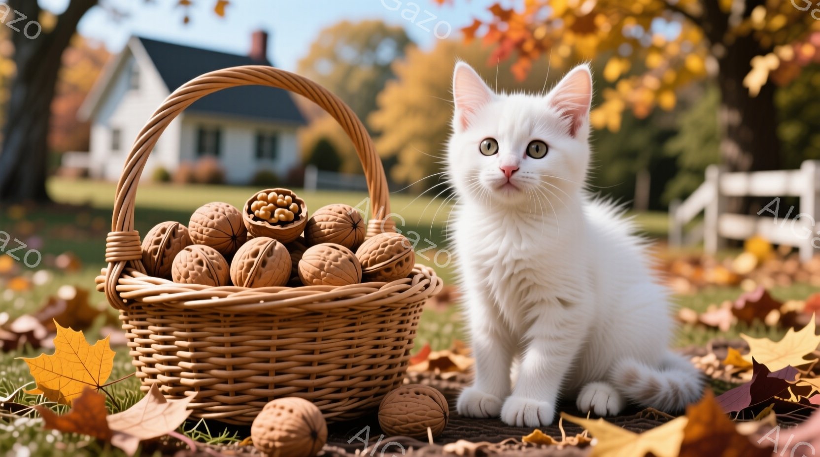 白い子猫が、落ち葉とクルミの入った籐製のバスケットの横に座っています。子猫は正面を見据え、つぶらな瞳で好奇心旺盛な表情をしています。背景には緑の芝生、紅葉した木々、そして白い家が見え、穏やかで秋らしい雰囲気が漂っています。
