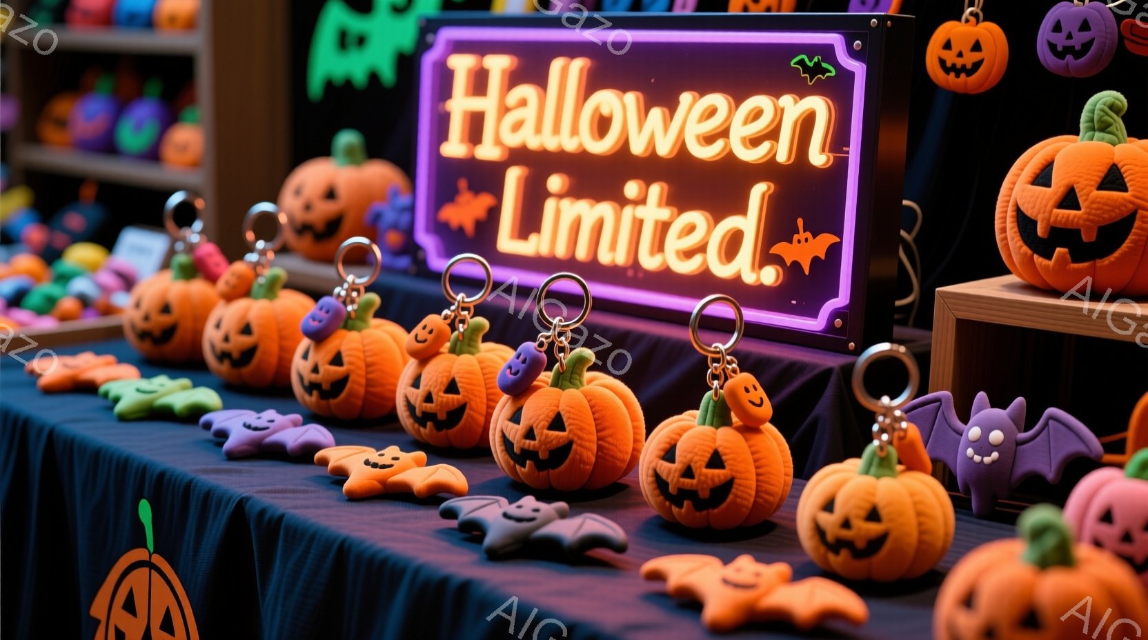 ハロウィーン限定のグッズが並べられたテーブルの写真です。オレンジ色のカボチャのキーホルダーや紫色のコウモリのぬいぐるみなどが、緑色のテーブルクロスの上に整然と並べられています。背景には、さらに多くのハロウィーングッズが飾られた棚があり、全体的に明るく楽しい雰囲気が漂っています。