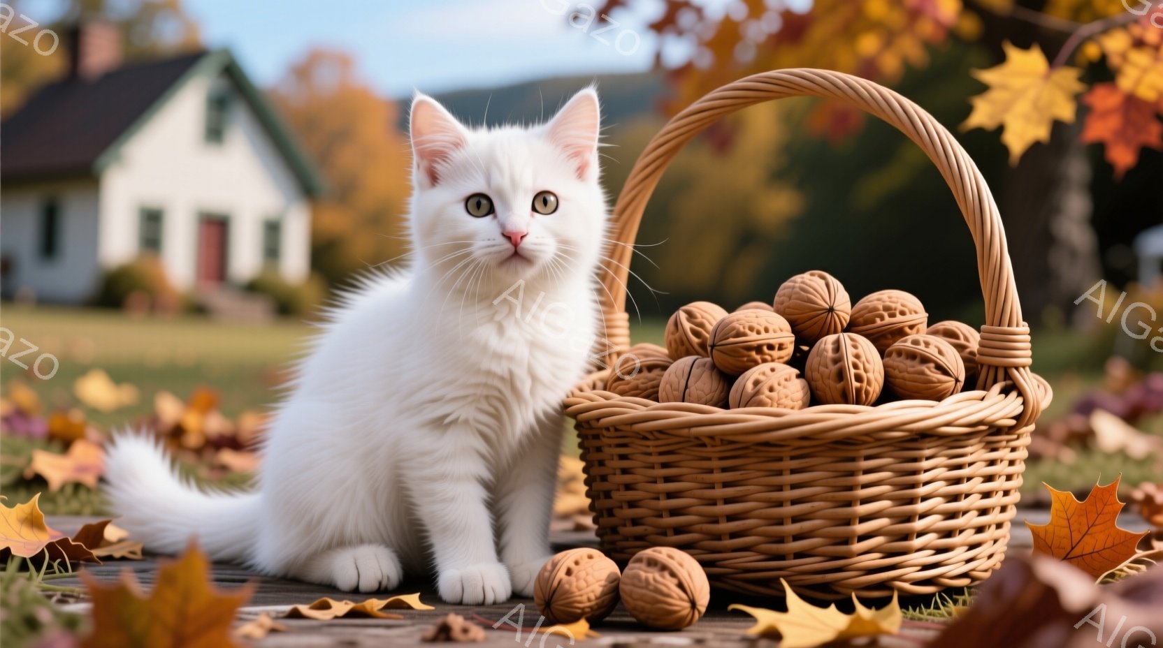白い子猫が木製のデッキの上に座っており、少し上目遣いでこちらを見ている。周りには散らばった紅葉と、満載のクルミが入った籐のバスケットがある。背景には、秋らしい紅葉に囲まれた白い家が見え、暖かく穏やかな - AI生成フリー素材