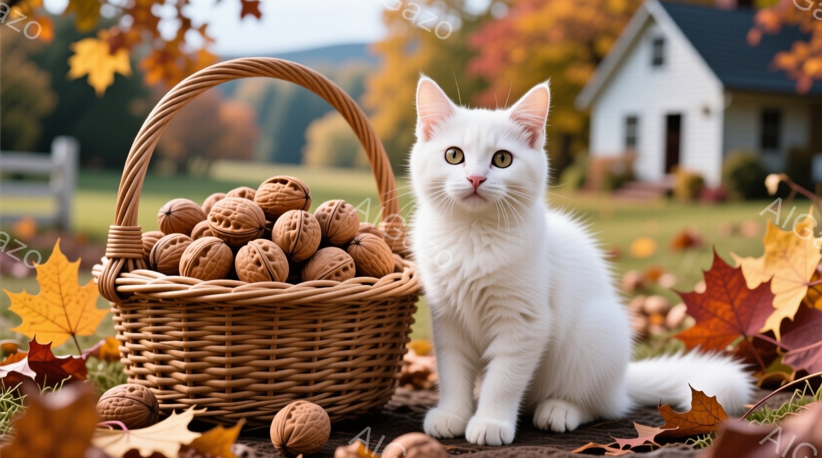 白い子猫が、たくさんのクルミが詰まった籐の籠の横に座っています。背景には、秋の紅葉に染まった木々と、可愛らしい白い家が見え、暖かく穏やかな雰囲気です。落ち葉が敷き詰められた地面と、子猫の澄んだ瞳が、秋の静けさを表現しています。