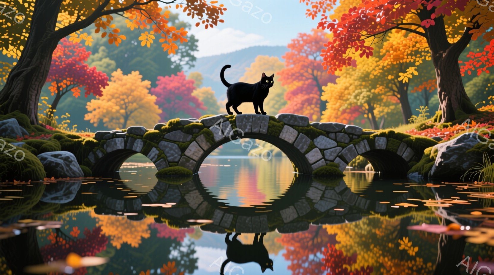 黒い猫が苔むした石橋の上で、尻尾を高く上げて立っている。背景には、鮮やかな赤やオレンジ色の紅葉した木々と、穏やかな水面が広がり、水面には橋と木々の美しい反射が見られる。 全体的に、静かで穏やかな秋の風 - AI生成フリー素材