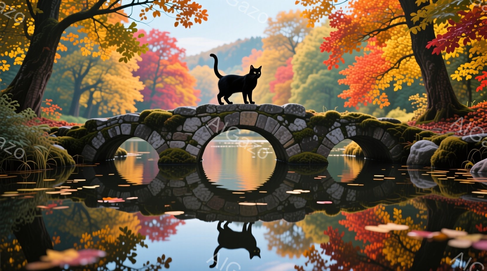 緑豊かな水面を横切るアーチ型の石橋の上に、黒猫が優雅に佇んでいます。背景は、鮮やかな赤やオレンジ色の紅葉に彩られた秋の風景で、穏やかな水面にその姿が映り込み、静寂で美しい雰囲気を醸し出しています。橋の - AI生成フリー素材