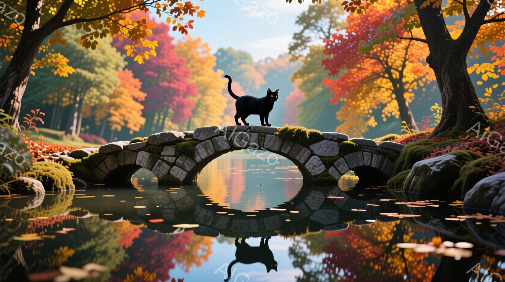 鮮やかな紅葉に囲まれた小川にかかるアーチ状の石橋の上で、黒猫が背筋を伸ばして座っています。水面は穏やかで、橋と猫の姿を鮮明に映し出し、周囲の木々の赤や黄色の色彩が水面に反射して美しい光景を作り出してい - AI生成フリー素材