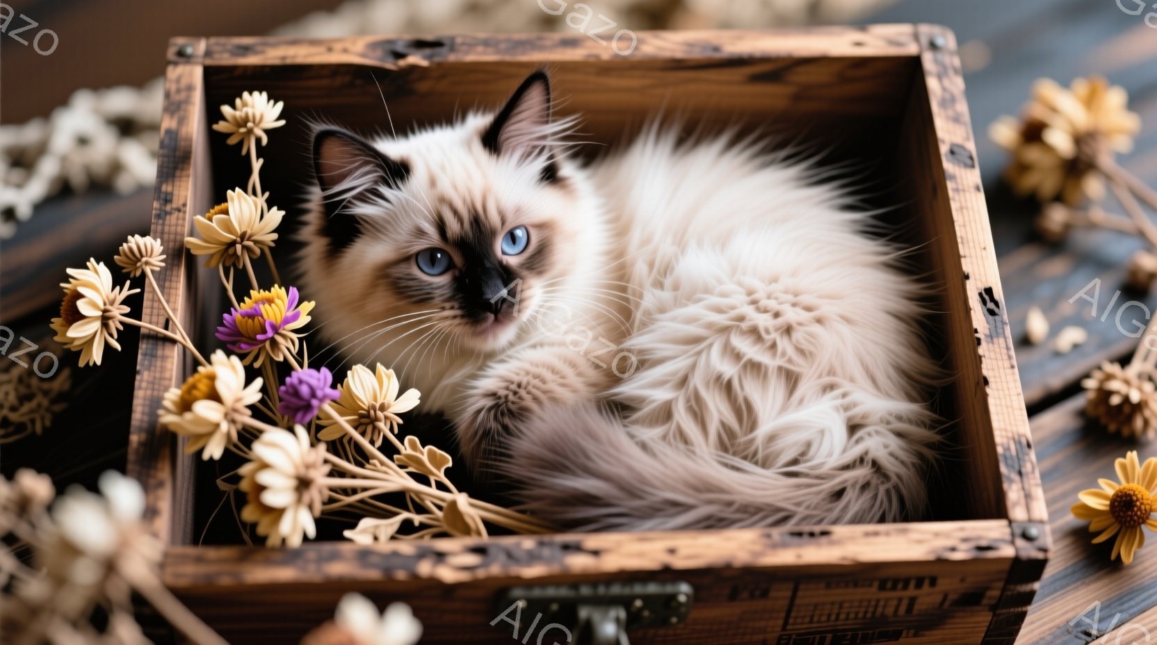 シベリアンハスキーのような毛並みの茶色と白の猫が、古びた木製の箱の中に丸まって座っています。箱の周りには、色褪せた黄色のデイジーや紫色の花が散りばめられており、全体的に温かく、ノスタルジックな雰囲気を醸し出しています。猫の青い瞳が印象的で、リラックスした様子が伺えます。