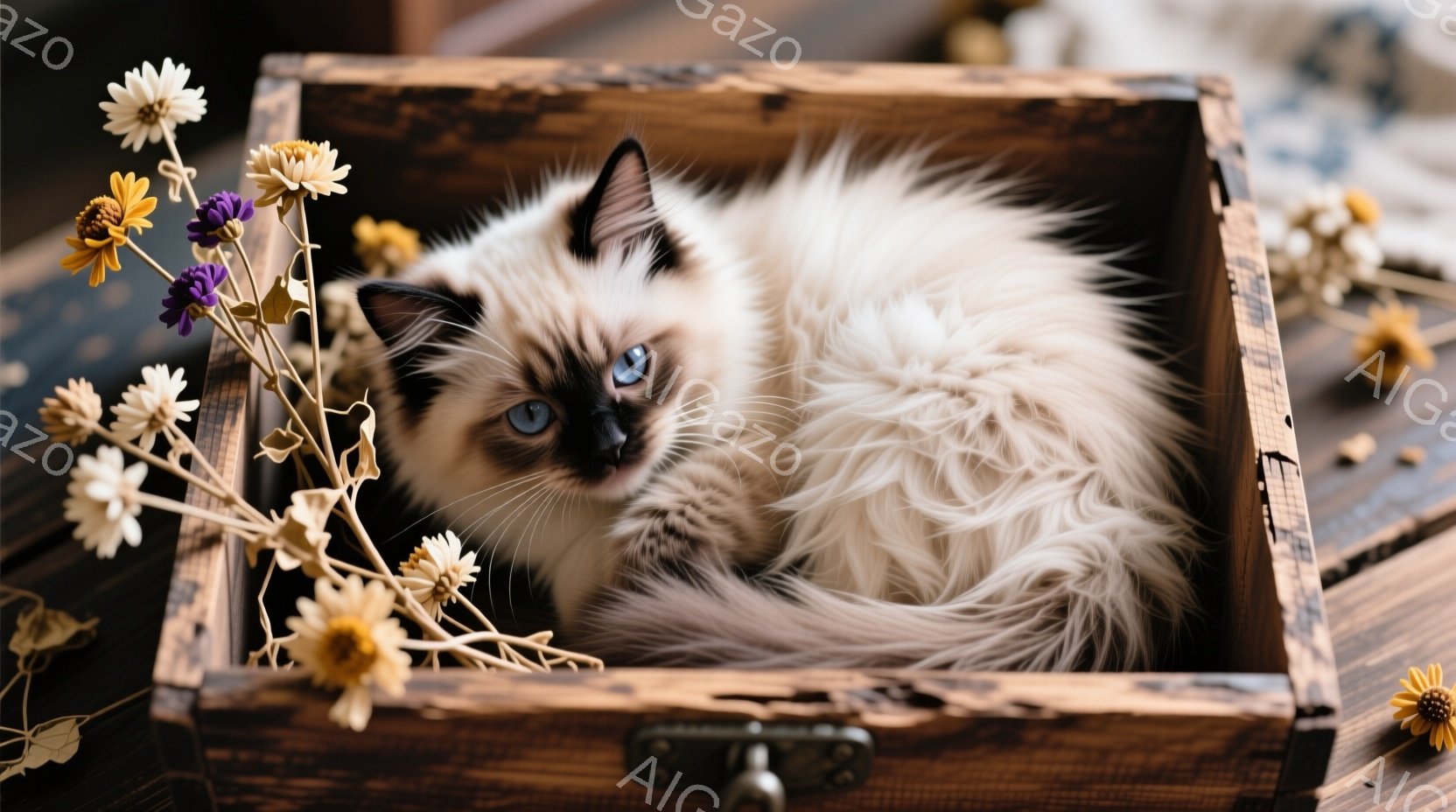 ふわふわのクリーム色の毛並みを持つ子猫が、アンティーク調の木箱の中に丸まって座っています。箱の周りには、枯れた黄色の花々が散りばめられており、子猫の青い瞳が際立っています。全体的に暖かく、ノスタルジックな雰囲気が漂い、穏やかな時間が流れているように感じられます。