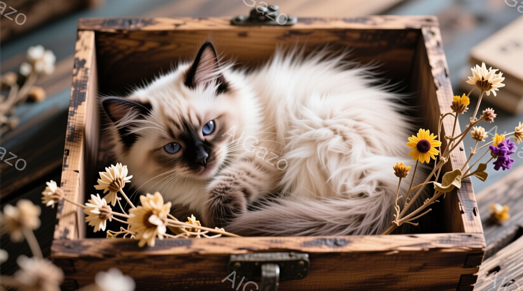 クリーム色の毛並みを持つ、美しいシャムミックスの猫が、古びた木製の箱の中に丸まって眠っています。箱の周りには、乾燥した黄色と紫の花が散りばめられ、温かくノスタルジックな雰囲気を醸し出しています。背景は木製の床で、全体的に穏やかで牧歌的な印象を与えます。